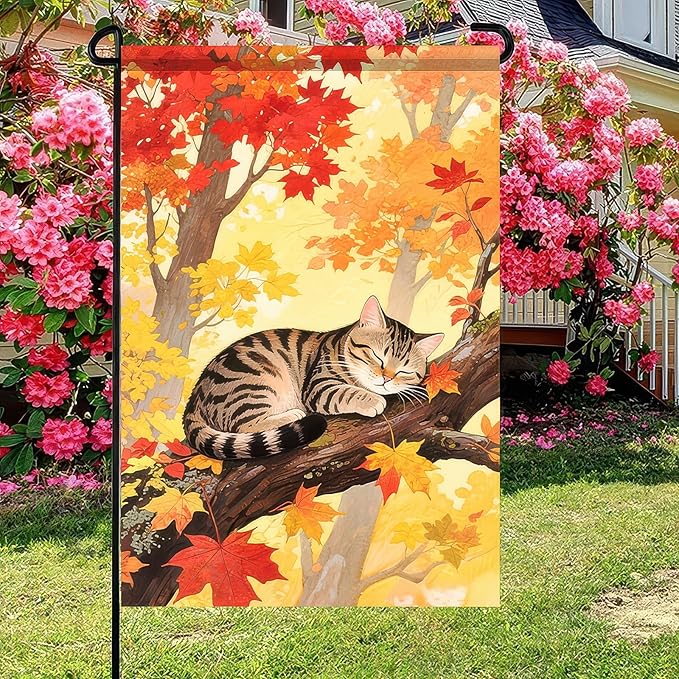 Thanksgiving Fall Garden Flag 12x18 Inch Welcome Tabby Cat Flag Double Sided Outdoor Autumn Yard Banner Sleeping Kitty and Colorful Leaves for Porch Lawn Patio Seasonal Decor