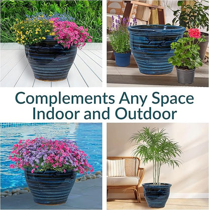 Sunnydaze Large Ceramic Plant Pot - Round Outdoor Glazed Ceramic Planter Pot with Drainage - Studio - Galaxy Blue - 18.5"
