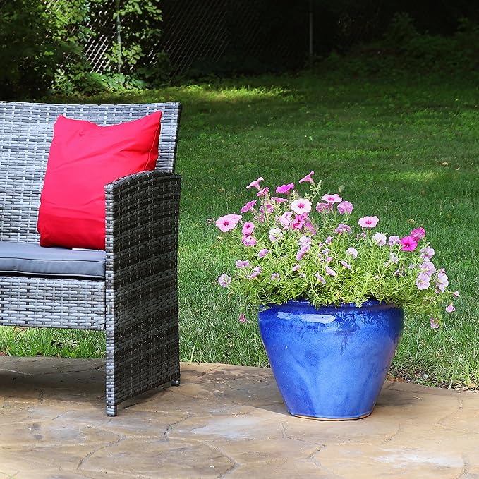 Sunnydaze Large Ceramic Plant Pot - Round Outdoor Glazed Ceramic Planter Pot with Drainage - Chalet - Imperial Blue - 14.5"