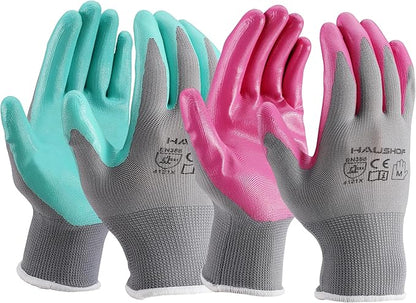 HAUSHOF 6 Pairs Garden Gloves for Women, Nitrile Coated Working Gloves, for Gardening, Restoration Work, Medium, Pink & Green, M