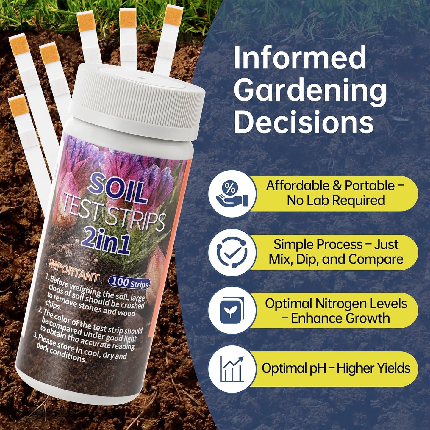 AAwipes Soil pH & Nitrogen Test Kits 2 in 1 Soil Testing Kits with Test Tube 100 Pcs Test Soil for Garden Lawn Grass Flower Vegetable Compost Nutrients Plants (J02-100)