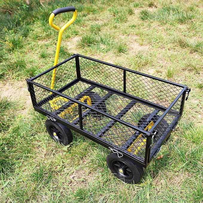 Wagon with Removable Sides - Farm, Warehouse & Garden Dump Cart - Solid Yellow+Black Wheels