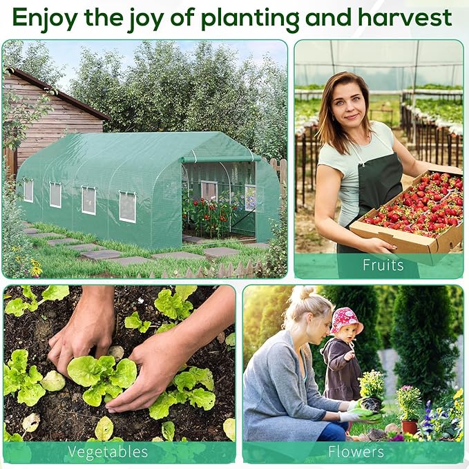 Outsunny 20' x 10' x 7' Outdoor Walk-in Greenhouse, Tunnel Green House with Roll-up Windows, Zippered Door, PE Cover, Heavy Duty Steel Frame, Green
