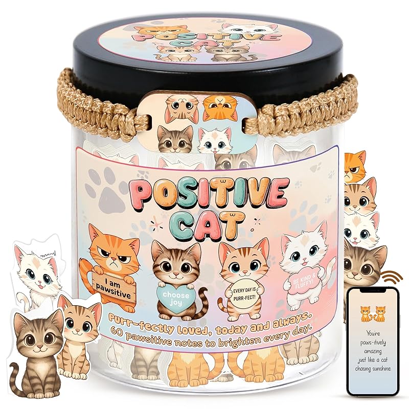 Positive Cat Jar - 60 Affirmation Cards With Cat Bracelet, Emotional Support Cat, Cat Themed Gifts, Stress Relief & Against Anxiety Cards, Cat Gifts, Cat Lover Gifts For Women, Teen Girl Gifts