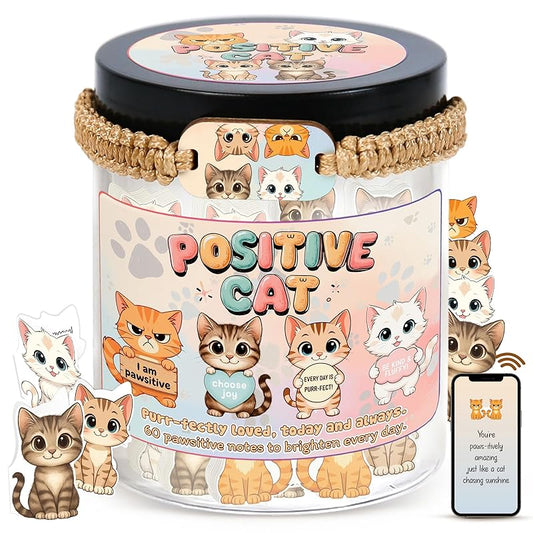 Positive Cat Jar - 60 Affirmation Cards With Cat Bracelet, Emotional Support Cat, Cat Themed Gifts, Stress Relief & Against Anxiety Cards, Cat Gifts, Cat Lover Gifts For Women, Teen Girl Gifts