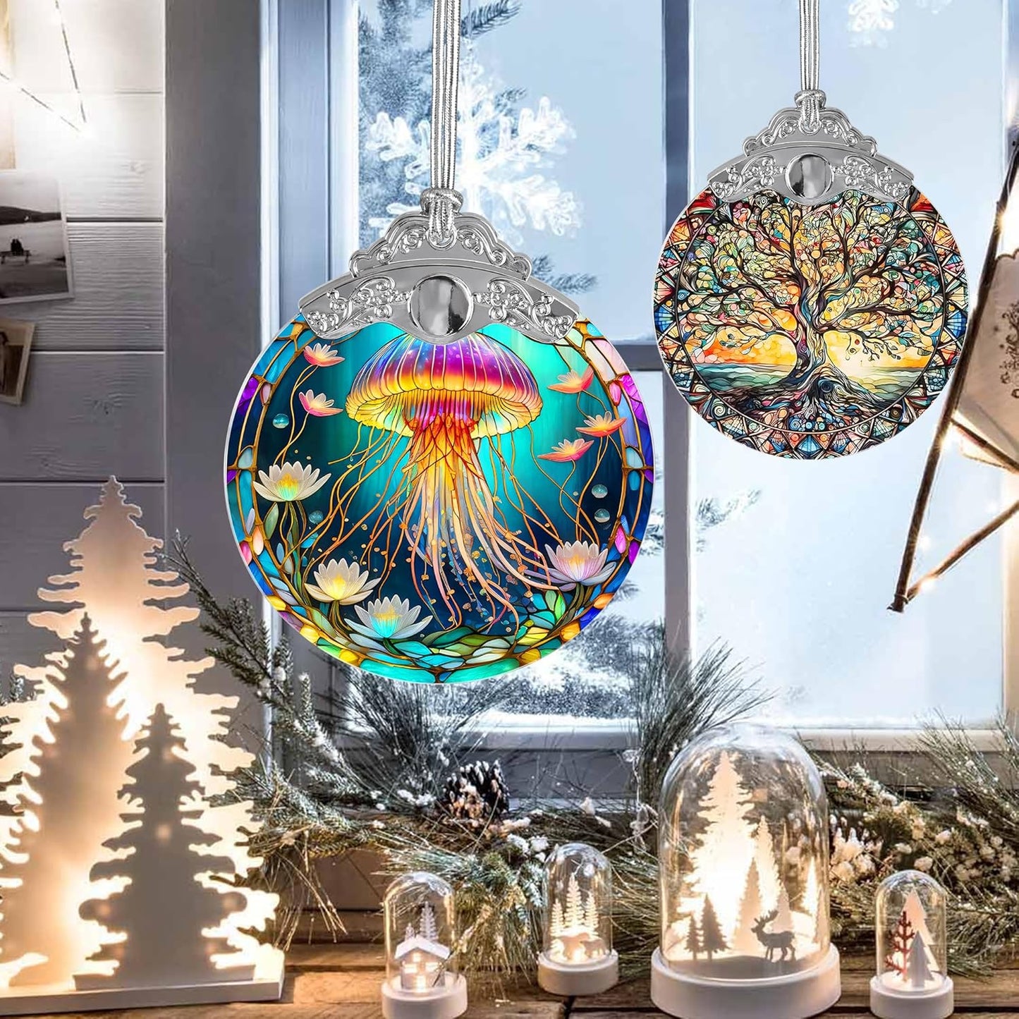 Stained Glass Suncatcher, Jellyfish Ornament for Christmas Tree, Holidays Decor, Home Decoration and Gifts
