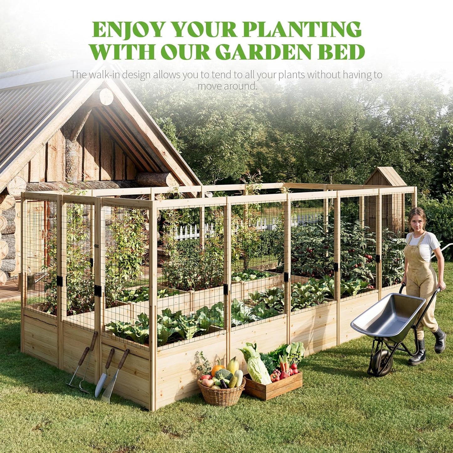 PaPaJet Wooden Raised Garden Bed for Outdoor, Eleven Grid Deep Large Planter Box with Netting for Gardening, Vegetables, Flowers, Herbs（7.5× 14.8× 5.9FT）