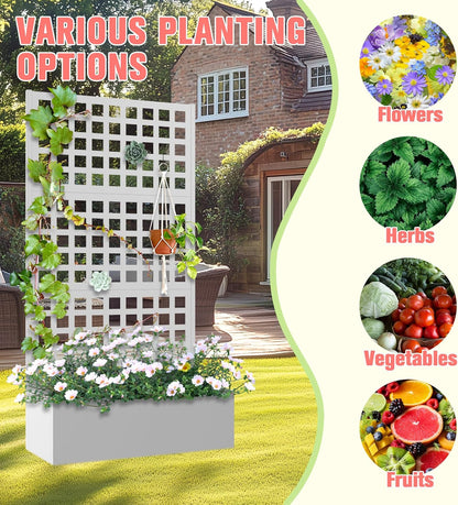 Metal Planter Box with Trellis, Raised Garder Bed with Drainage Hole, Outdoor Privacy Screen & Trellis for Climbing Plants, Plant Stands, 35''L×16''W×71''H, White