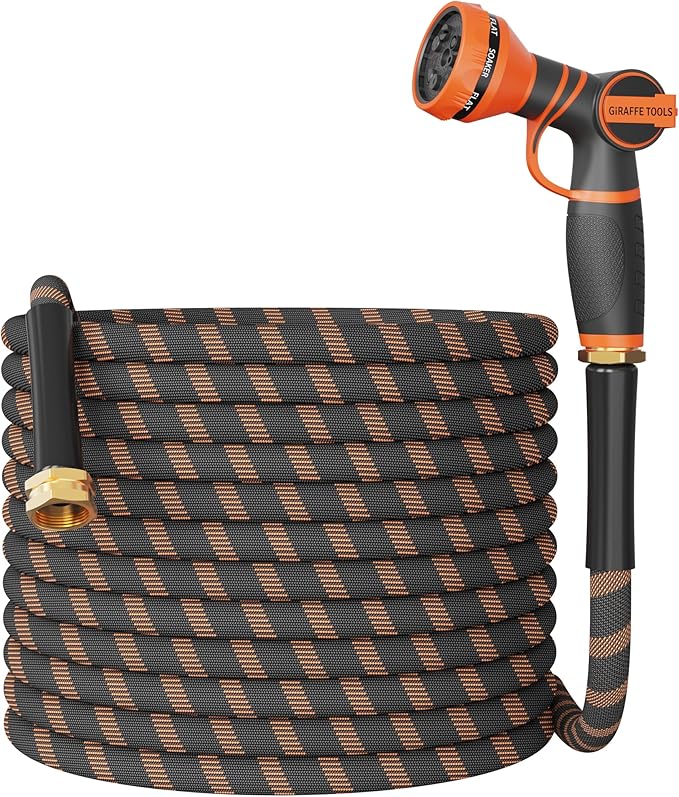 Giraffe Tools Garden Hose 75FT 1/2” Non-Expandable Lightweight Flexible Water Hoses Burst 600 psi with 9 Spray Function Nozzle Heavy Duty Hose