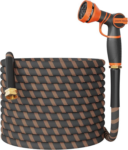 Giraffe Tools Garden Hose 75FT 1/2” Non-Expandable Lightweight Flexible Water Hoses Burst 600 psi with 9 Spray Function Nozzle Heavy Duty Hose