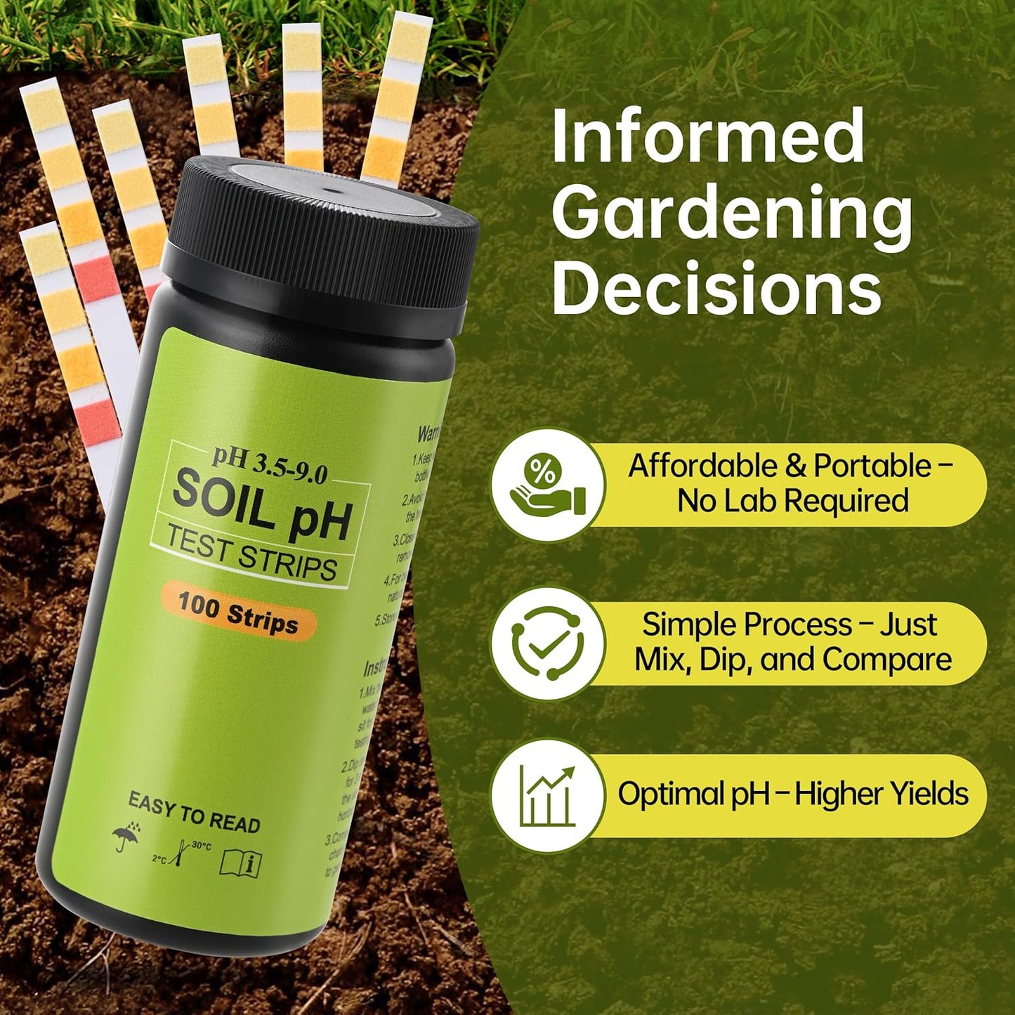 AAwipes Soil pH Test Kit (3.5-9 Range) 100 Strips Soil pH Tester for Acidity and Alkalinity of Garden Yard Lawn Grass Flower Vegetable Compost Nutrients Plants (J01-100)