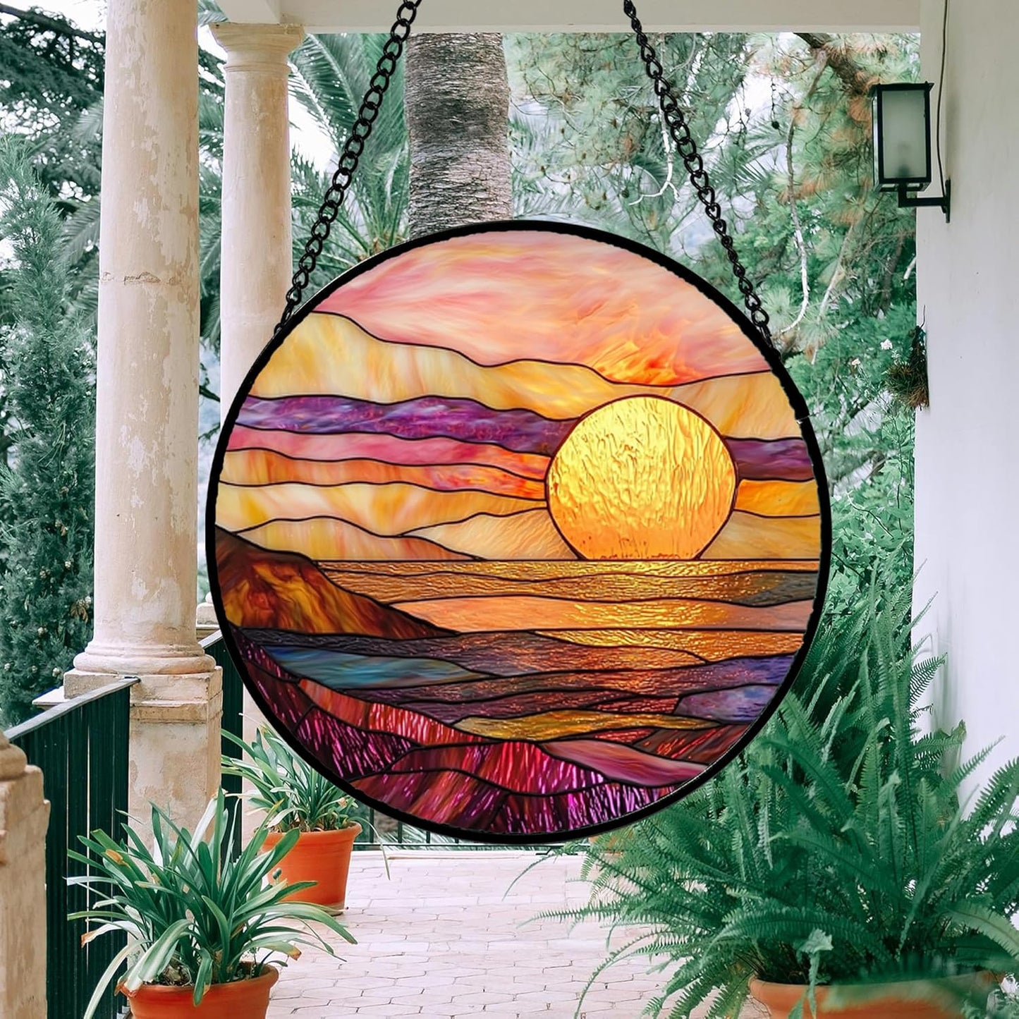 Stained Glass Window Hanging, Sparkling Sea Suncatcher Diamond Glass Panel Hangings Scenery Sun Catchers Decor for Birthday for Women, Men, Wife, Aunt, and Mom 14.9 in