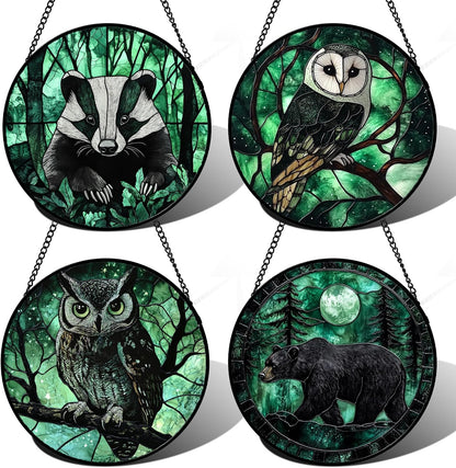 Stained Glass Window Hanging 4 Pcs Set Green Forest Night Sky Wildlife 7.8" - Suncatcher Door Garden Sun Catcher Decor Birthday for Mom Woman Nana Men Friend