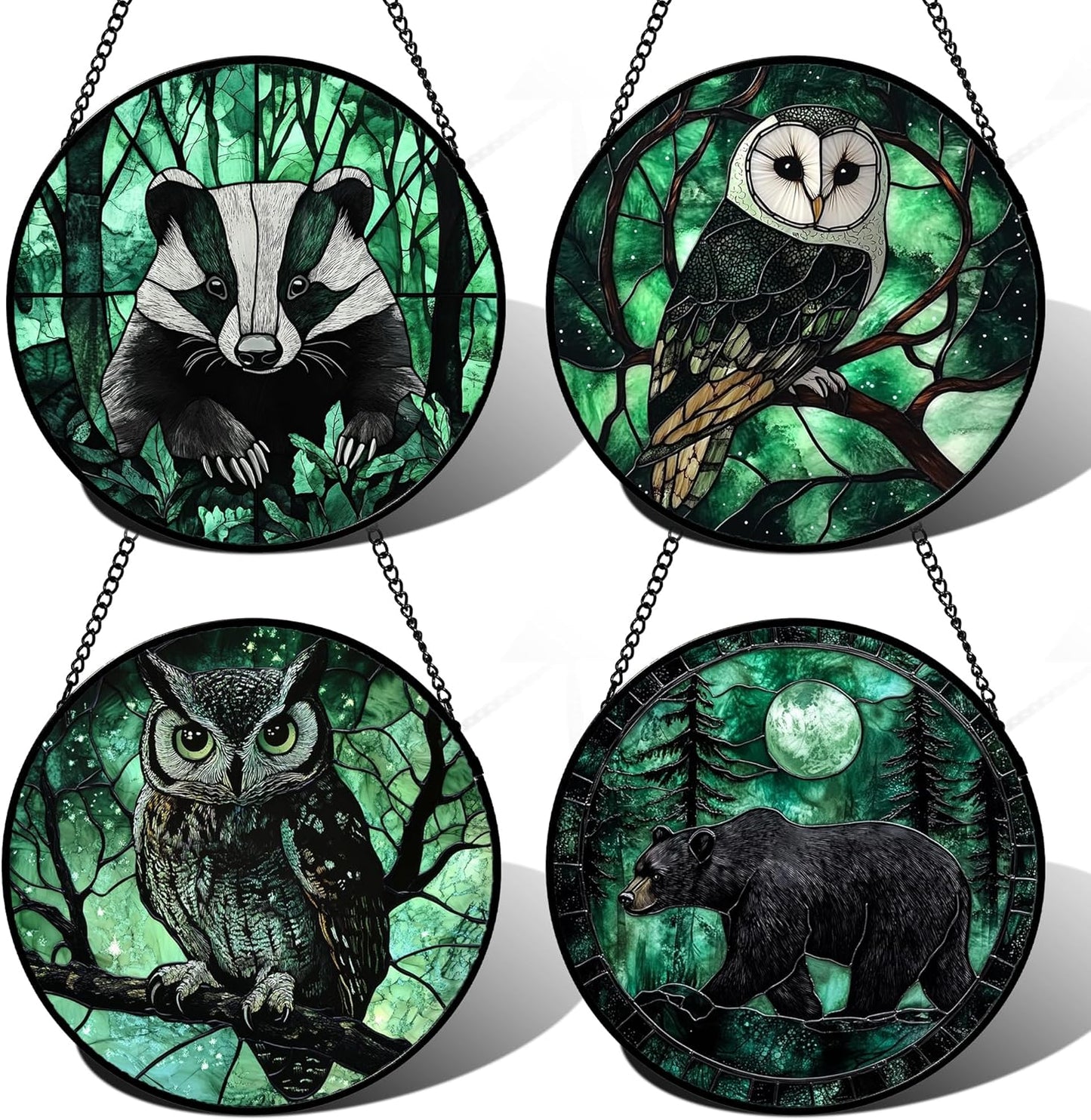 Stained Glass Window Hanging 4 Pcs Set Green Forest Night Sky Wildlife Large 15" - Suncatcher Door Garden Sun Catcher Decor Birthday for Mom Woman Nana Men Friend