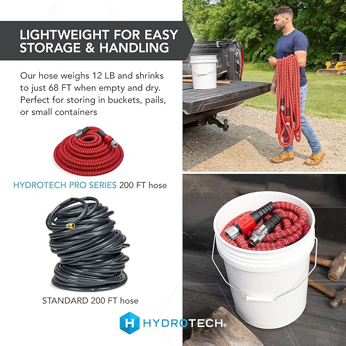 HydroTech 200 ft Expandable Garden Hose - Pro Series, 2x Max Flow, 3/4" No-Kink Flexibility, Lightweight Hose for Lawn, Garden, Car Washing, Deck and Patio Cleaning