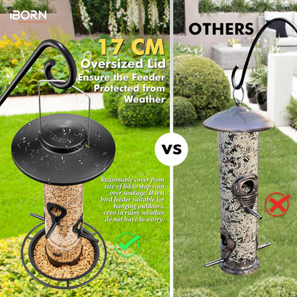 iBorn Metal Bird Feeders for Outdoors, 2LB Bird Seed Feeder 17cm Large Roof &Tray, 4 Feeding Ports, Black Finish