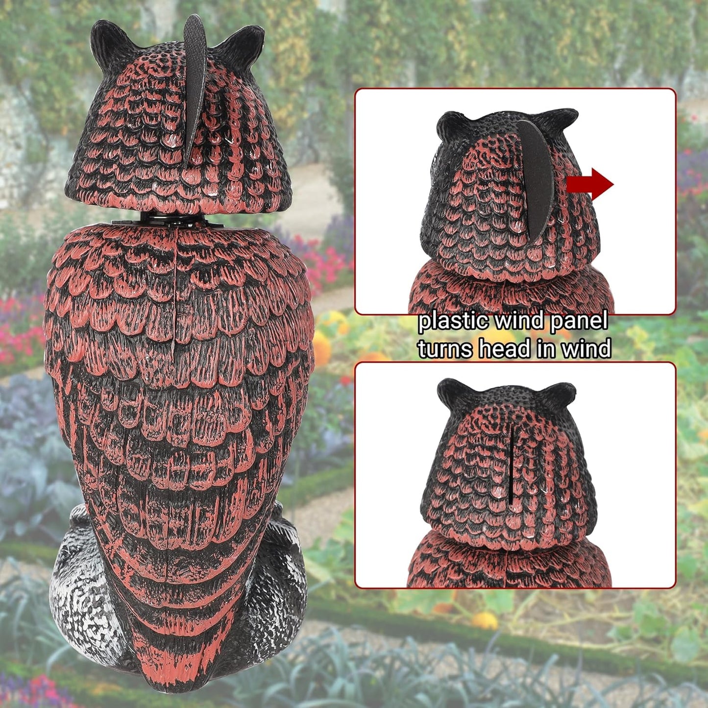 Hausse 2 Pack Bird Scarecrow Fake Owl Decoy Sculpture, Rotating Head Plastic Owl Bird Deterrents, 10.6 Inch Height Nature Enemy Horned Pest Repellent for Outdoor Garden Yard