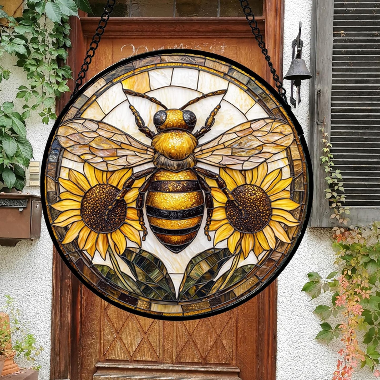 Stained Glass Window Hanging - Bee Sunflower Yellow Suncatcher Ready to Hang Window Doors Home Decoration and Christmas, Mother's Day Birthday Gifts for Women, Men, and Mom 14.9x14.9 in