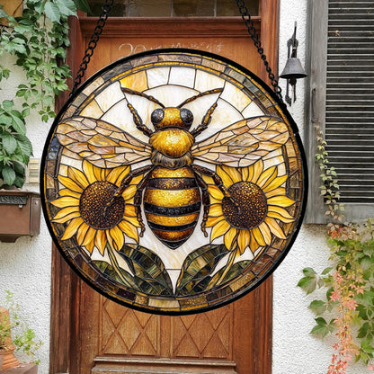 Stained Glass Window Hanging - Bee Sunflower Yellow Suncatcher Ready to Hang Window Doors Home Decoration and Christmas, Mother's Day Birthday Gifts for Women, Men, and Mom 14.9x14.9 in