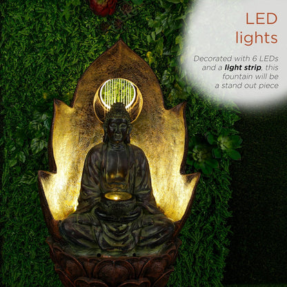 Alpine Corporation TZL420 59" Outdoor Buddha Fountain with LED Lights, Elegant Water Feature for Garden, Patio, Yard & Outdoor Spaces, Realistic Stone Look, Calming Waterfall for Relaxation, Brown
