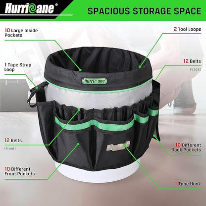 HURRICANE 5 Gallon Bucket Tool Bag Organizer, Garden Tool Caddy with 52 Pockets, Waterproof for Most Buckets