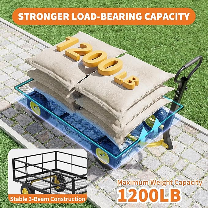 3-in-1 Heavy-Duty Steel Garden Cart, 1200 Lbs Garden Wagon, with 13 Inch All-Terrain Tires and Removable Mesh Side Panels, 180° Rotating Handle, Metal Multi-Function Carts, Outdoor Gardens Wagon Cart