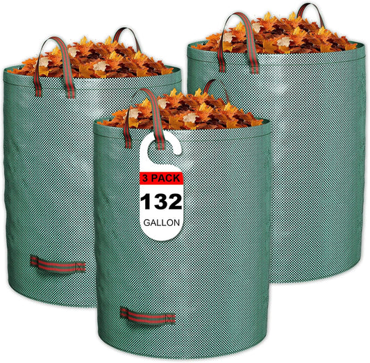 GreatBuddy 132 Gallon Reusable Yard Waste Bag, Heavy Duty, Upright Lawn Bags with 4 Reinforced Handles for Garden Leaves and Waste Collection, Lightweight (3 pack)