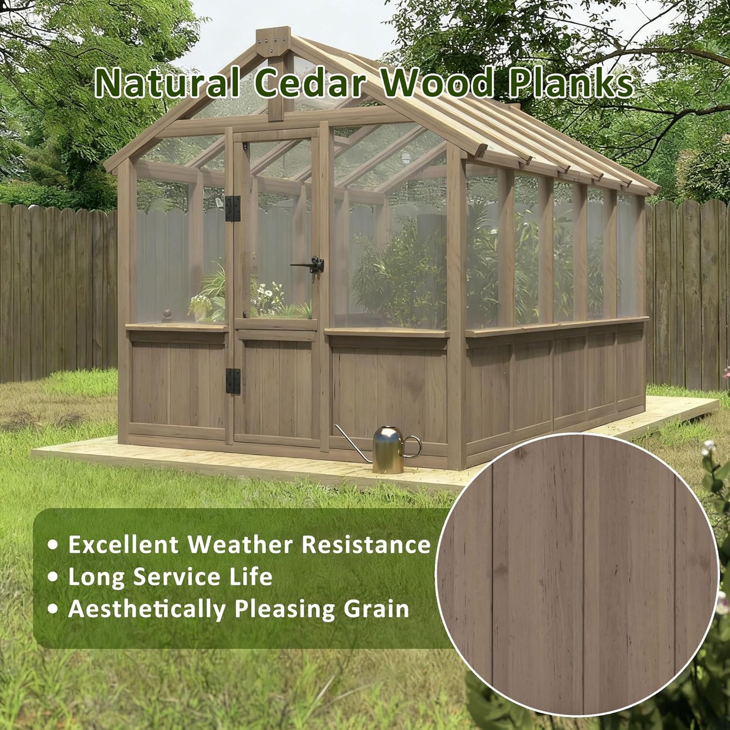 Greenhouse for Outdoor, 6x8ft-8x12ft Wooden WAK-in Greenhouse Kitwith 6MM Thick Polycarbonate Panel, Lockable Door & Adjustable Roof Vent ，Backyard Garden ﻿ (Light Mocha Brown, 6x10 FT)