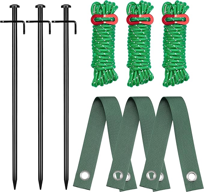 Kingsyard Heavy Duty Tree Stake Kit, 3 Pcs 12 Inch Steel Tree Stakes and Supports for Leaning Young Trees Straightening Kit Against Bad Weather, with 6Pcs Straps & 6Pcs 13ft Anchor Ropes