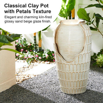 Glitzhome 28.25" H Oversized Ceramic Petals Textured Jar Outdoor Water Fountain, Vintage Sand Beige Glaze Vase Patio Garden Waterfall Fountain with LED Light and Submersible Pump