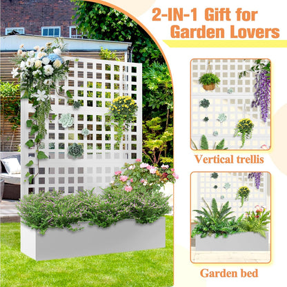 Metal Planter Box with Trellis & Wheels, Raised Garden Bed with Privacy Screen, Outdoor Standing Flower Beds with Drainage Hole for Climbing Plants, Vine, 47" Lx16 Wx71 H