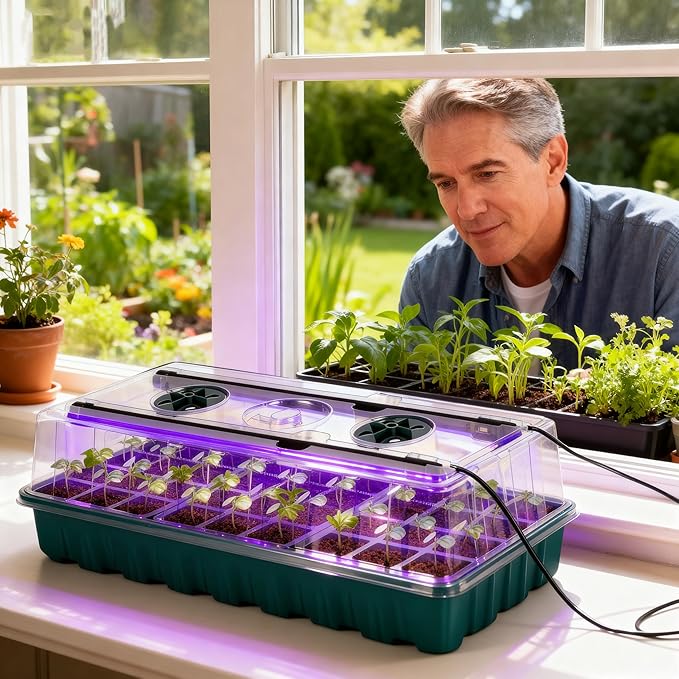 Seed Starter Tray with Grow Light, 2 Pack 72 Cells Seed Starter Kit with Humidity Dome, Indoor Seedling Starter Tray, Adjustable Brightness Plant Germination Trays