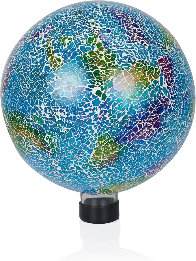 Alpine Corporation - Shades of Blue Crackle Glass Gazing Ball, Colorful Garden Décor for Patio & Yard, 12" Tall (Multicolor)