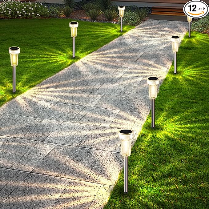 DERAYSION 12 Pack Solar Lights Outdoor, Solar Pathway Lights Auto Dusk-to-Dawn Landscape Garden Lighting, Waterproof Stainless Steel Pole Lighting for Path, Yard, Walkway, Garden, Driveway