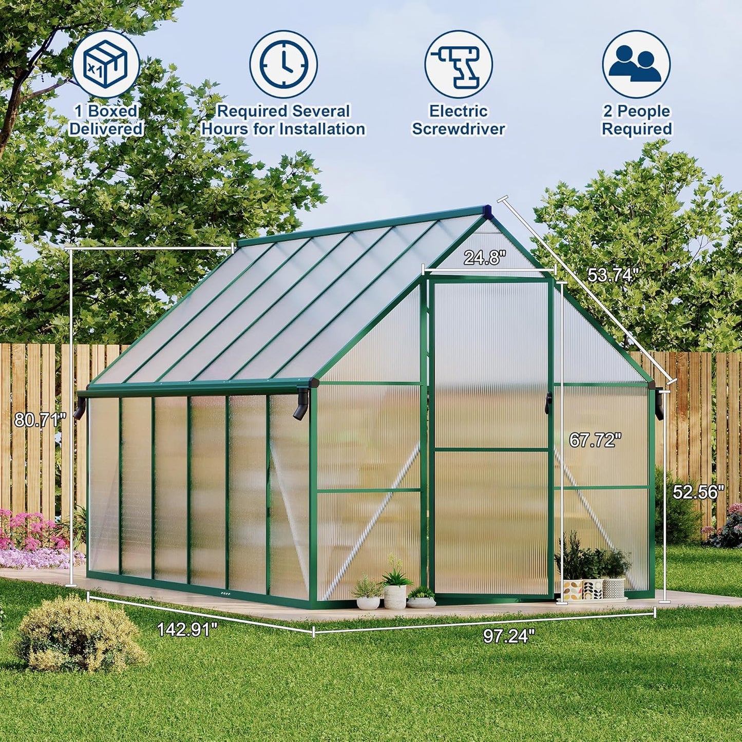 8'X12' Aluminum-Framed Polycarbonate Greenhouse, Heavy Duty Polycarbonate Greenhouse with Quick Setup Structure and Roof Vent, Large Enhanced Aluminum Greenhouses Kit for Outdoors