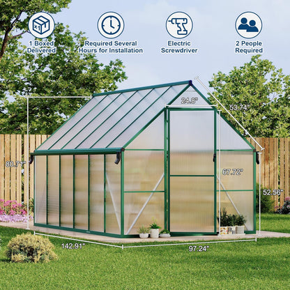 8'X12' Aluminum-Framed Polycarbonate Greenhouse, Heavy Duty Polycarbonate Greenhouse with Quick Setup Structure and Roof Vent, Large Enhanced Aluminum Greenhouses Kit for Outdoors