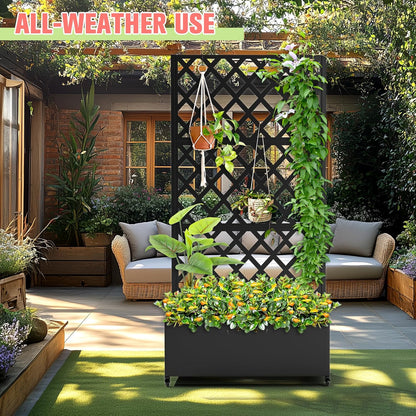 Metal Planter Box with Trellis, Raised Garder Bed with Drainage Hole, Privacy Screen & Trellis for Climbing Plants, Outdoor Plant Stands, 35''L×17''W×73''H, Black