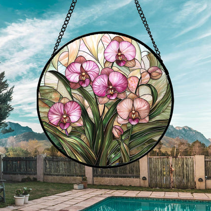 Stained Glass Window Hanging - Pink Phalaenopsis Orchid Green Leaves Sun Catcher for Door Home Decor Flower Suncatcher Christmas Mother's Day Birthday Gifts for Women Men Mom Nana 9.8 in