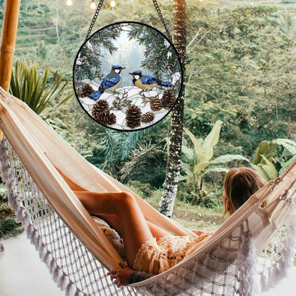 Stained Glass Window Hanging - Blue Bird Winter Forest Landscape Suncatcher for Door Garden Yard Sun Catchers Decor Christmas Mother's Day Birthday Gifts for Women Mom Nana Friend 11.8 in