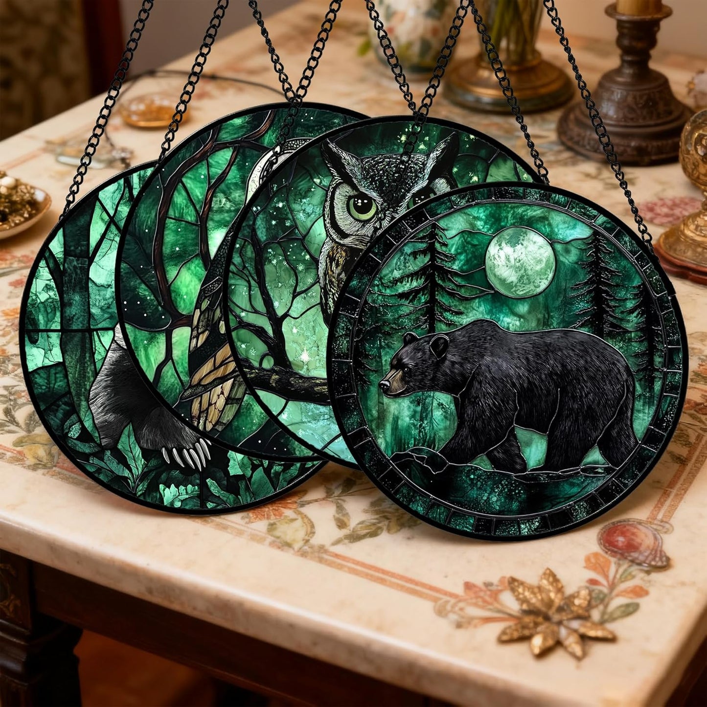 Stained Glass Window Hanging 4 Pcs Set Green Forest Night Sky Wildlife Large 11.8" - Suncatcher Door Garden Sun Catcher Decor Birthday for Mom Woman Nana Men Friend