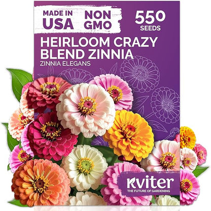 KVITER 550 Crazy Blend Zinnia Seeds for 2025 (Zinnia Elegans) – Double Zinnia Seed Mix, Heirloom Pollinator Magnet – Ideal Flower Seeds for Planting in Cutting Garden, Borders, Containers