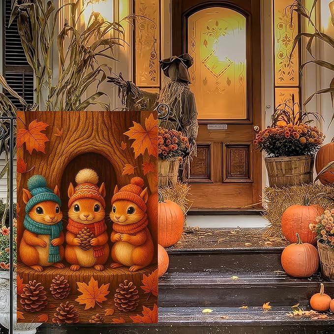 Thanksgiving Fall Garden Flag 12x18 Inch Welcome Squirrels Flag Double Sided Outdoor Autumn Yard Banner with Pinecones and Leaves for Porch Lawn Patio Seasonal Decor