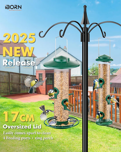 iBorn Bird Feeders for Outdoors, 2LB Metal Bird Feeders 17cm Large Roof &Tray, 4 Feeding Ports, Green Finish