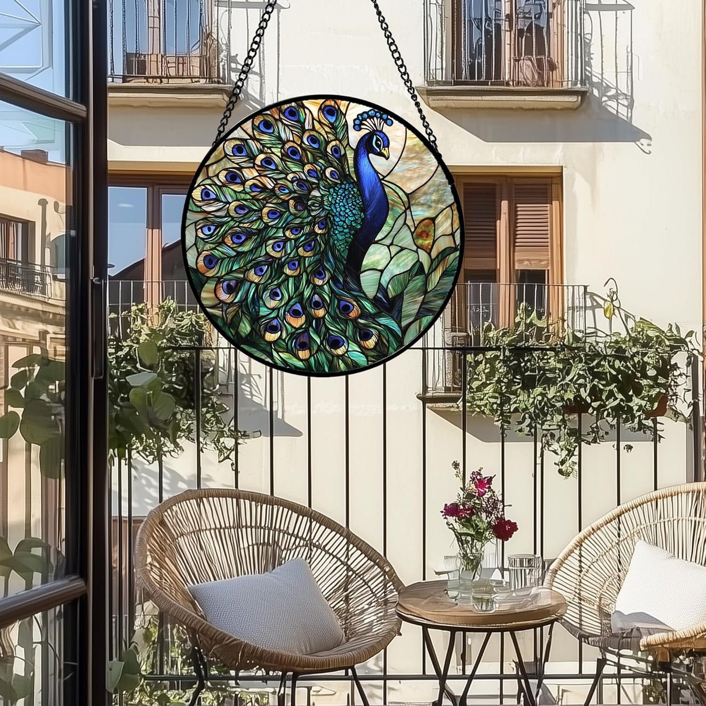 Stained Glass Window Hanging, Blue Green Peacock Decor Suncatcher for Door Garden Home Decoration Bird Sun Catchers Christmas Mother's Day Birthday Gifts for Women Men Mom Nana Friend 15 in