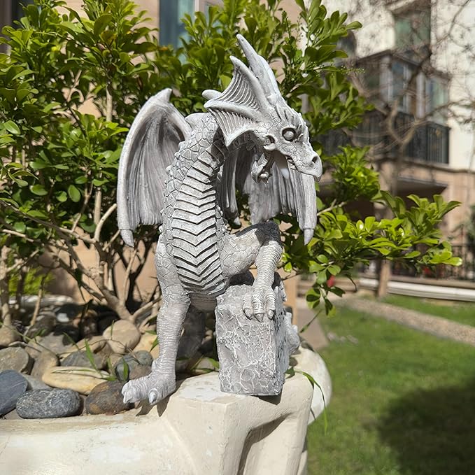 Garden Large Dragon Statue Solar Powered Outdoor Figurine Light The Dragonfire Welcome to My Turf Sign Big Resin Sculpture Home Decoration Housewarming Ornament Unique Gift