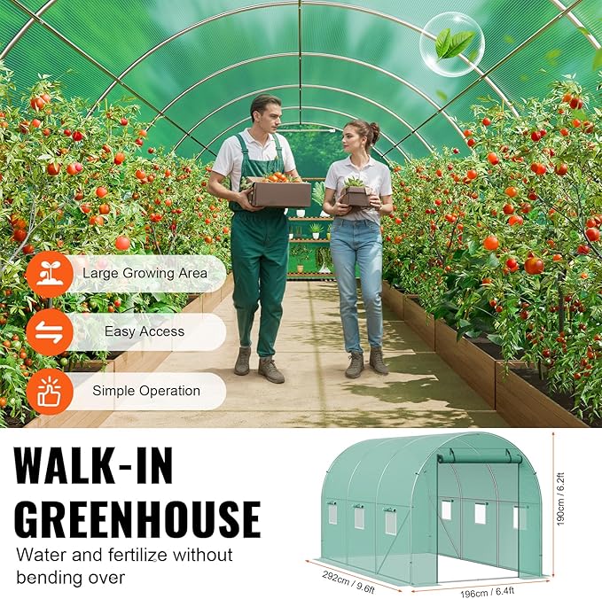 VEVOR Walk-in Tunnel Greenhouse, 9.6x6.4x6.2 ft Hoop House Greenhouse Tunnel, Plant Hot House with Galvanized Steel Frame, Green PE Cover, Roll-up Zipper Door and 6 Windows for Outdoor