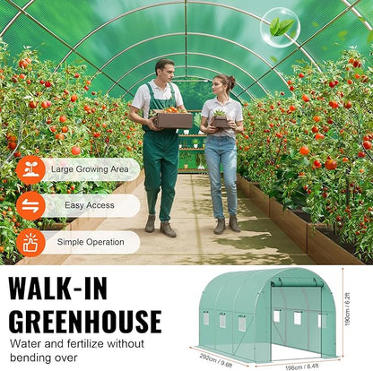 VEVOR Walk-in Tunnel Greenhouse, 9.6x6.4x6.2 ft Hoop House Greenhouse Tunnel, Plant Hot House with Galvanized Steel Frame, Green PE Cover, Roll-up Zipper Door and 6 Windows for Outdoor