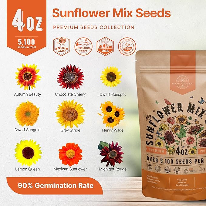 Sunflower Mix Seeds Pack 4 oz - Over 5,100 Non-GMO Heirloom Sunflower Seeds for Planting, Annual Flowers in Individual Seed Packet for Planting Home Garden Indoor & Outdoor Gardening