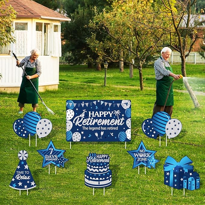 Yulejo 8 Pieces Retirement Yard Sign Decorations Happy Retirement Yard Signs Retirement lawn Sign with Stakes for Outdoor Retirement Party Supplies 16inch (Blue and Silver)