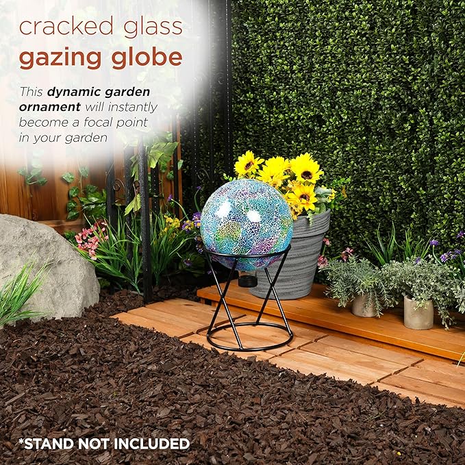 Alpine Corporation - Shades of Blue Crackle Glass Gazing Ball, Colorful Garden Décor for Patio & Yard, 12" Tall (Multicolor)